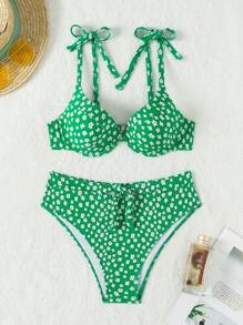 Swim Mod Ditsy Floral Bikini Set Summer Beach - Green - View 4