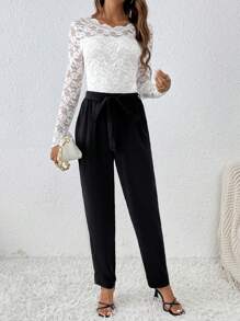 SHEIN Frenchy Damen Langarm Spitzenoberteil Und Zulaufende Hose Set - Schwarz und Weiss - Übersicht 4