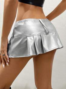 VaVaBold Metallic Sheen & Eyelet Design Pleated Hem Skirt - Silver - View 2