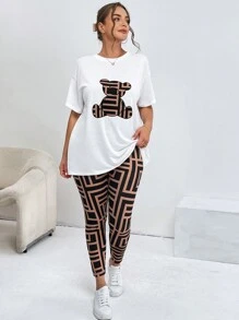 SHEIN Essnce 女士大码夏季休闲宽松印花短袖T恤和长裤两件套 - 彩色 - 查看 2