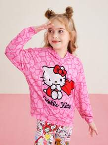 HELLO KITTY AND FRIENDS | SHEIN Tween Girl Heart Print Hooded Sweatshirt - Multicolor - View 3