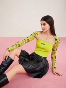 HELLO KITTY AND FRIENDS | SHEIN Cartoon Print Slim Fit Top - Mustard Yellow - View 8