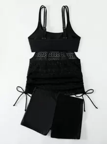 Swim Lushoire Women's Solid Color Lace Splice Drawstring Tankini Carnival Summer