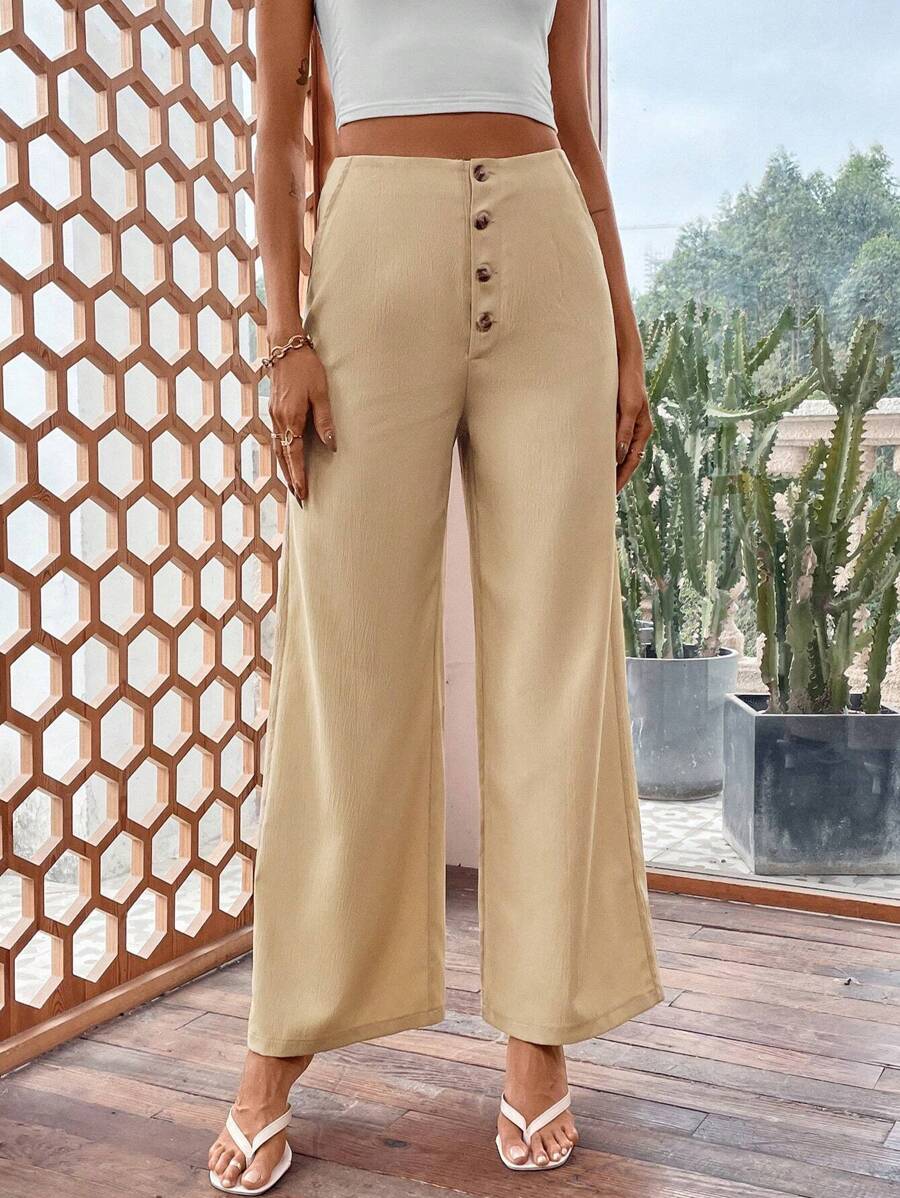 SHEIN LUNE Women's Button-Front Suit Pants - Khaki - View 1