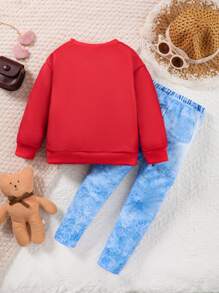 SHEIN Young Girl Cartoon Graphic Sweatshirt & Denim-Effect Print Pants - Red - View 2