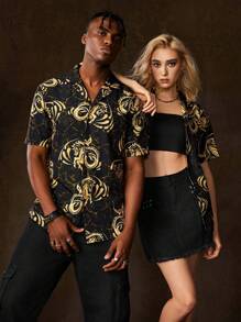 HOUSE OF THE DRAGON X SHEIN Unisex 1pc All Over Print Short Sleeve Shirt - Black - View 1
