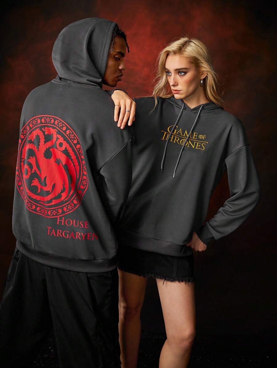 Game of Thrones X SHEIN 中性款1件西方龍印花連帽衫 - 深灰色 - 查看 1