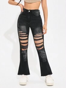SHEIN PETITE Frayed Hem Flared Jeans With Washed & Distressed Effect ,Petite Women - Black - View 1