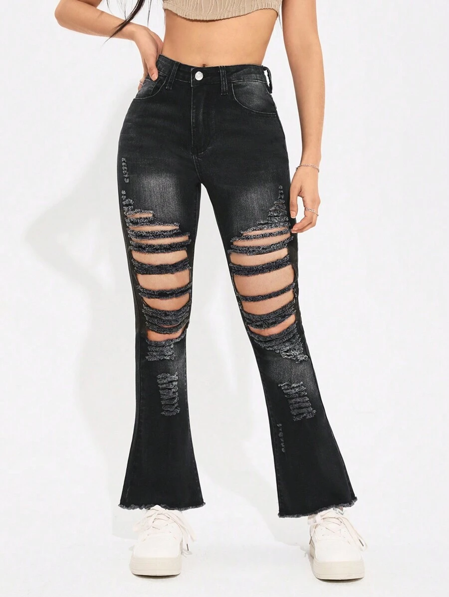 SHEIN PETITE Frayed Hem Flared Jeans With Washed & Distressed Effect ,Petite Women - Black - View 1