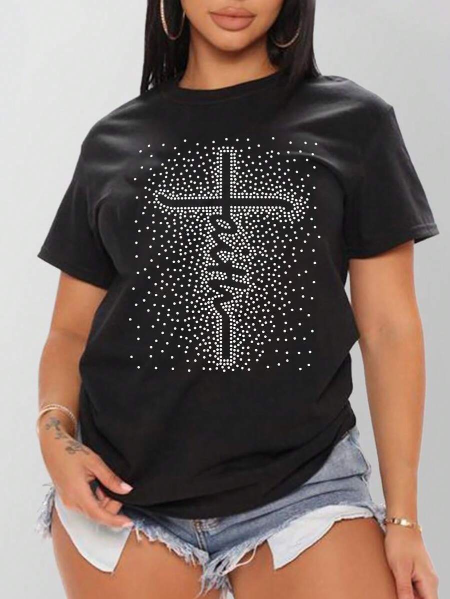 INAWLY 女士短袖字母印花t恤 - 黑色 - 查看 1