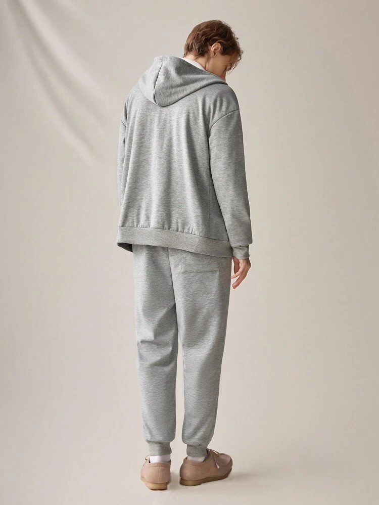 Men Letter Patched Zip Up Hoodie & Sweatpants Without Tee, For Fall Winter