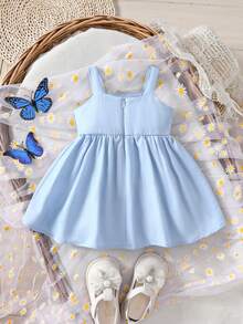 Baby Girl Rainbow Embroidered Spaghetti Strap Dress - Baby Blue - View 2