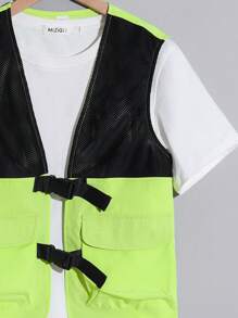 Chaleco casual con bolsillos de estilo urbano para niños preadolescentes, de ajuste holgado con malla y contraste