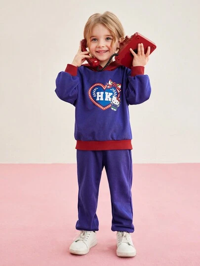 HELLO KITTY AND FRIENDS | SHEIN 年輕女孩色塊休閒套裝,卡通和字母印花