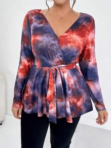 SHEIN Essnce Plus Size Tie-Dye Wrap Belt T-Shirt