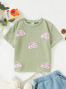 SHEIN Young Girl Toddler Rainbow Embroidered Short Sleeve T-Shirt For Learning To Walk, Spring/Summer - Green - View 1