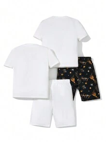 SHEIN 4入組男孩新年標語印花休閒圓領t恤和短褲緊身家居服 - 彩色 - 查看 2