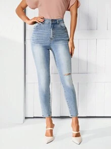 SHEIN LUNE Women's Distressed Slim Fit Jeans - Medium Wash - View 3