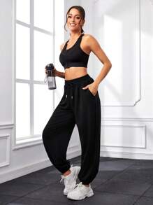 SHEIN Sports 女士純色束口褲,帶有彈性袖口 - 黑色 - 查看 4