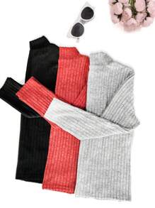 SHEIN EZwear Plus Size Solid Color Ribbed Knit Stand Collar T-Shirt - Multicolor - View 3