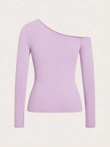 SHEIN BASICS Women's Plain Asymmetric Neck Long Sleeve T-Shirt - Mauve Purple - View 2