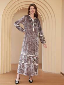 印花流蘇細節阿拉伯洋裝 - 卡其色 - 查看 8