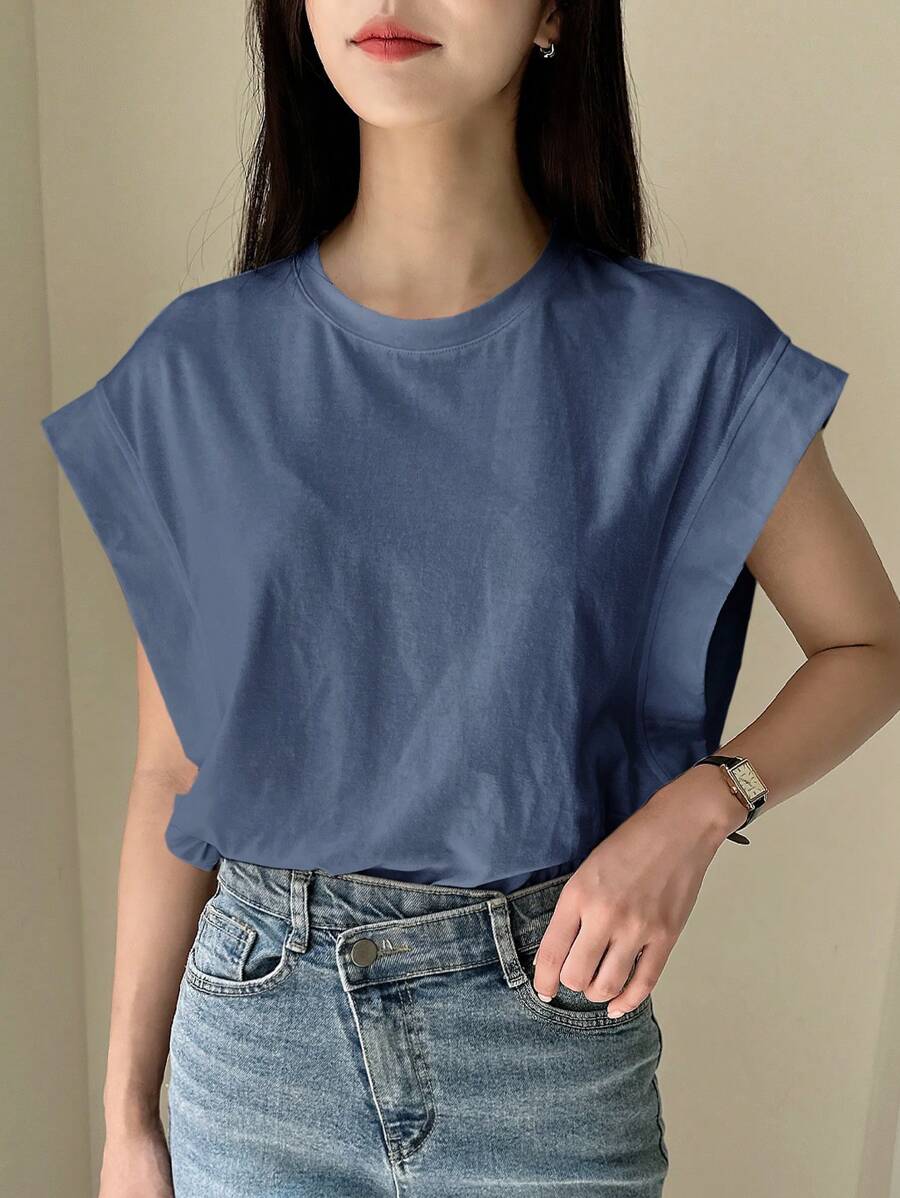 DAZY Camiseta de manga corta de cuello redondo, casual de negocios para mujer - Azul - Ver 1