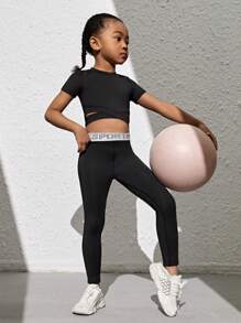 SHEIN Young Girl Sportswear Set For Outdoor Activities, Yoga, Running, Cycling, Dance And Other Training Exercises - Black - View 4