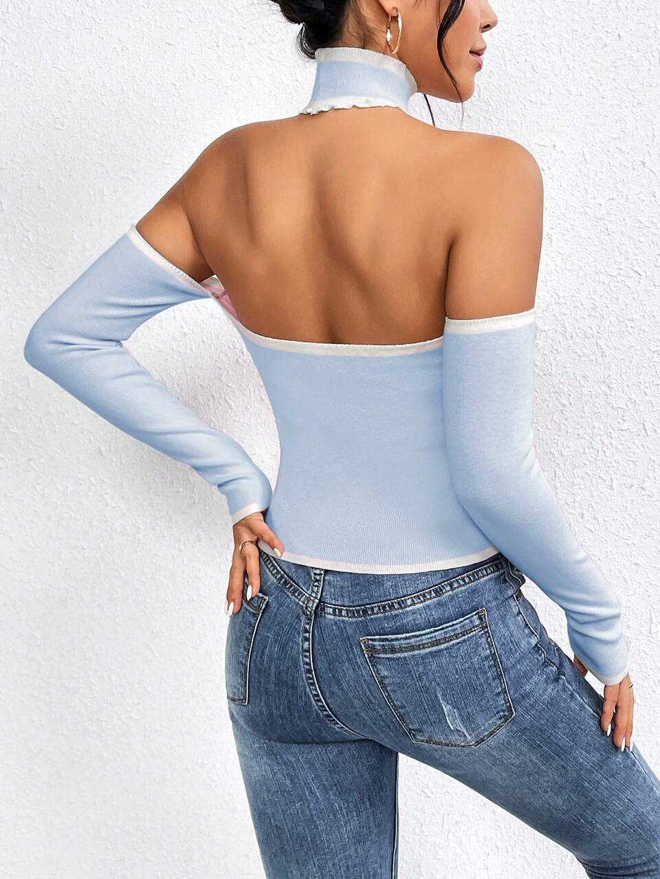 Color Block Knitted Pullover Sweater With Off The Shoulder Design Fall Winter