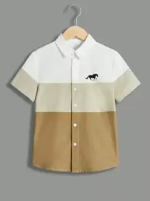 SHEIN Tween Boys' Casual Comfortable Color Blocking Horse Pattern Button-Front Shirt - Khaki - View 1