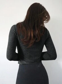 SHEIN Essnce 女士返校衬衫修身衬衫灰色罗纹针织不对称开叉下摆喇叭袖圆领休闲 T 恤秋季 - 深灰色 - 查看 2