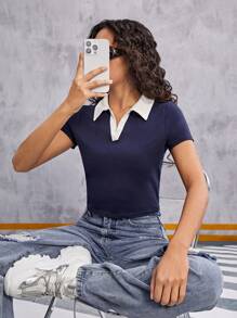 SHEIN 少女們的休閒短袖t恤,帶有拼接領 - 藍白色 - 查看 4