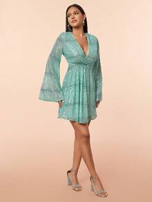 Wave Line & Glitter Decor Deep V-Neck Flared Sleeve Party Prom Dress - Mint Green - View 3