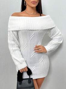 SHEIN SXY 女士露肩長袖毛衣裙 - 白色 - 查看 4