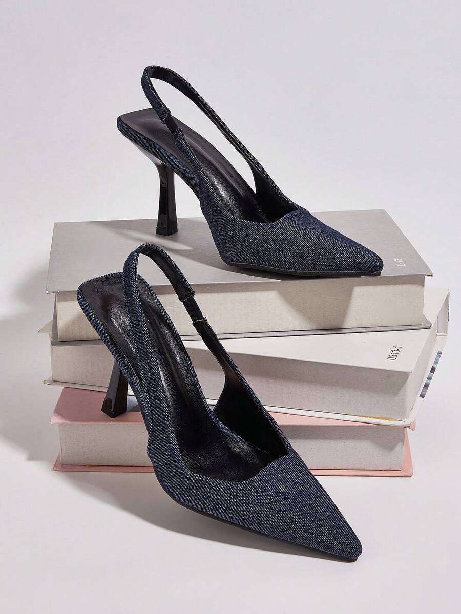 時尚女士藍色牛仔布尖頭高跟鞋,後跟有細帶 - 藍色 - 查看 1