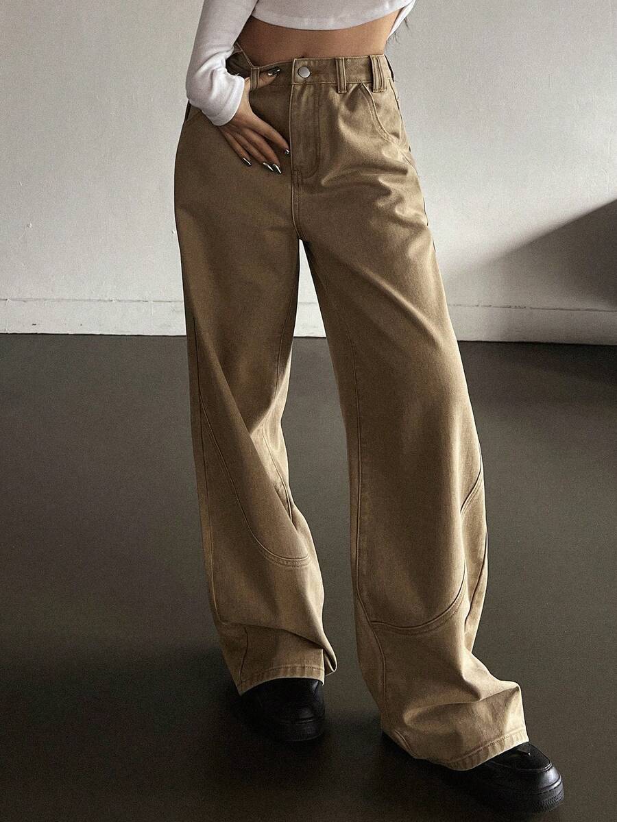 DAZY Của phụ nữ Màu thuần quần ống rộng Quần jean Với Nghiêng Túi - Màu Khaki - Xem 1
