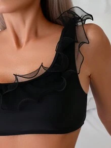 SHEIN Swim Quý cô Lưới Chi tiết Ruffle Một bờ vai Bộ Bikini Với Tam giác Đáy - màu đen - Xem 3