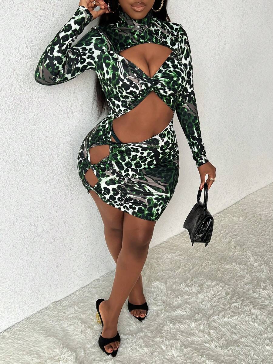 Slaydiva 印花扭结细节镂空立领褶裥修身连衣裙 - 墨綠色 - 查看 1