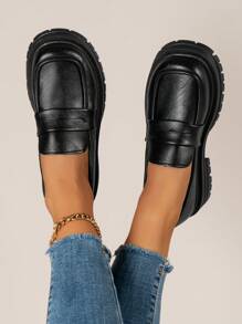 女式時尚厚底圓頭鞋，適用於全年季節，黑色 - 黑色 - 查看 3