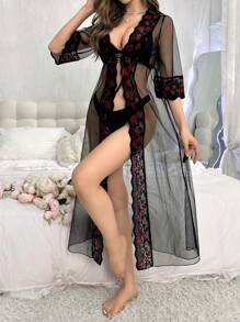 Bata De Mujer De Malla Sexy Adornada Con Labios De Encaje - Negro - Ver 5