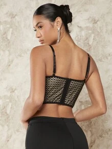 SHEIN BAE 女士加壓蕾絲背心上衣,搭配胸罩杯 - 黑色 - 查看 2