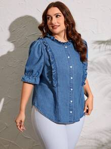 SHEIN LUNE 女款大尺碼荷葉邊裝飾正面羈絆牛仔襯衫 - 藍色 - 查看 1