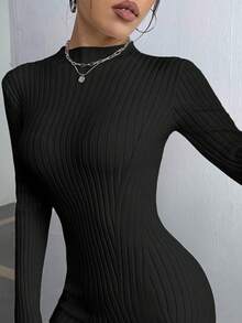 SHEIN Essnce Women's Plain Ribbed Knit Slim Fit Sweater Dress - Black - View 5