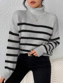 SHEIN Essnce 女士條紋高領毛衣 - 灰色 - 查看 4