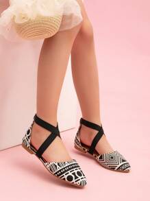 新春到貨復古時尚尖頭女孩平底鞋,適用於catwalking - 黑與白 - 查看 2