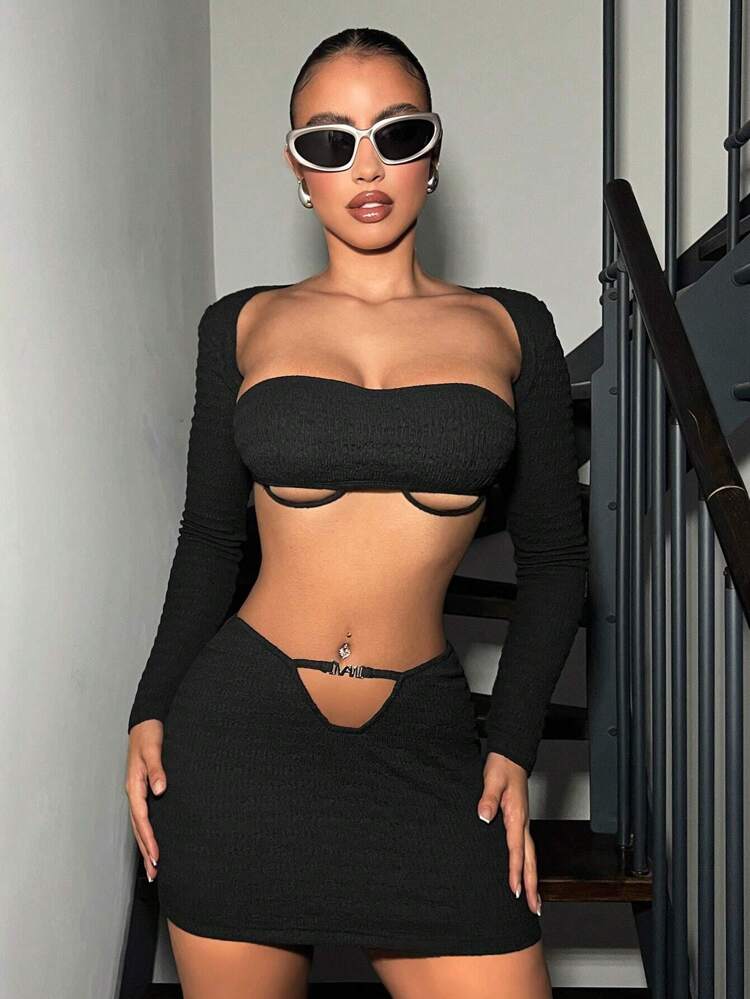 Long Sleeve Shrug Jacket + Hollow Out Tube Top + Skirt Set