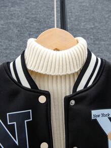 SHEIN 適合青少女的泰迪熊和字母印花棒球夾克和褲子套裝 - 黑色 - 查看 3