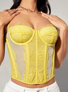 SHEIN BAE Women's Lace Spliced Mesh Corset Yellow Cami Top With Boning And Compression,For Spring,Summer - Yellow - View 6