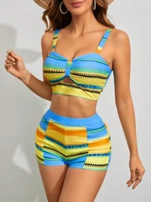SHEIN Swim 女款拼色緊身吊帶比基尼上衣 Carnival - 彩色 - 查看 6