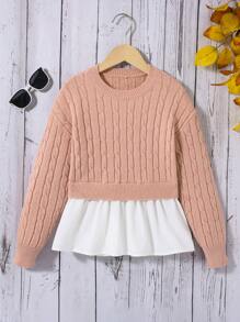 SHEIN 女童長袖拼接設計寬鬆針織毛衣,圓領款式 - 粉色 - 查看 1